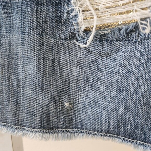 Elle Womens Stretch Blue Denim Mini Skirt Distressed Gold Sequin Detail - Picture 5 of 9